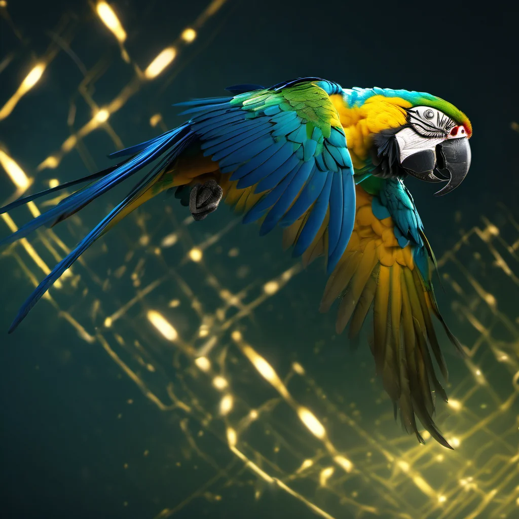 Arara azul e dourada com penas que viram trilhas de luz